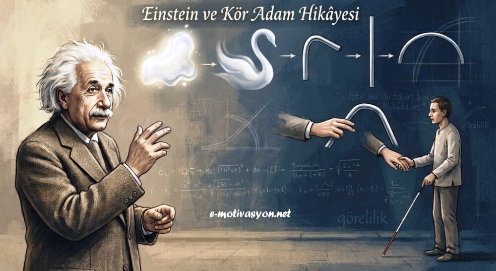 Einstein ve Kör Adam Hikâyesi Sözünü bilmez bir ev sahibi, konuğu olan Einstein’a, "Bize iyi seçilmiş iki cümle ile şu sizin Görecelik Kuramı'nı anlatır mısın?" der. Einstein, "İsterseniz size bir hikâye anlatayım," diyerek söze başlar: