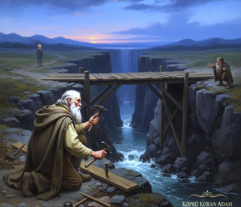Köprü Kuran Adam... Boş bir yolda yürüyen yaşlı bir adam...Akşamın karanlık soğuğunda, geniş, derin, kocaman bir uçurum ile karşılaştı...